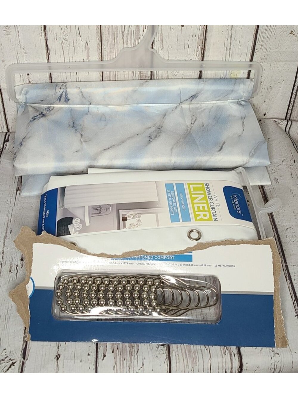 NWT Set Interiors By Design Marbled Blue Grey Shower Curtain Liner Hooks 70 X 72